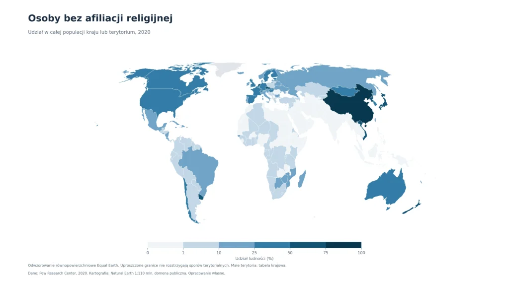 Osoby bez afiliacji religijnej: Udział w całej populacji kraju lub terytorium, 2020