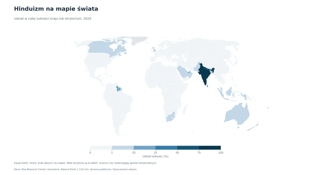 Hinduizm na mapie świata: Udział w całej ludności kraju lub terytorium, 2020